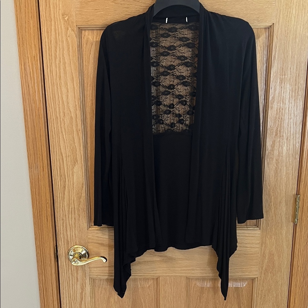 Ambiance Apparel - Chic Black Lace Back Juniors Lightweight Cardigan - Large